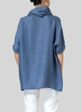 Soft Blue Weave Linen Turtleneck Tunic