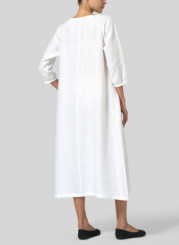 White Linen Elbow Sleeve Long Dress