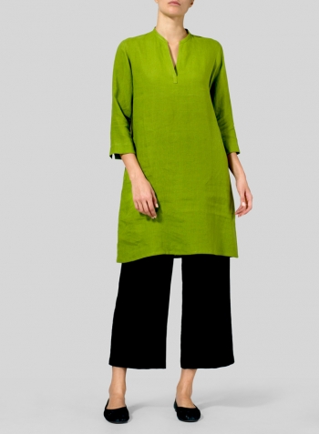 Green Leaf Linen V-neck Mandarin Collar Tunic