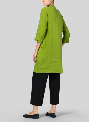 Green Leaf Linen V-neck Mandarin Collar Tunic