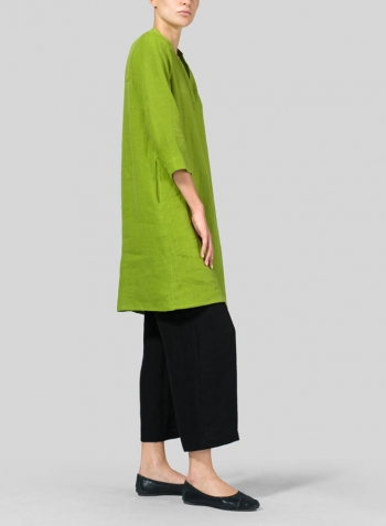 Green Leaf Linen V-neck Mandarin Collar Tunic