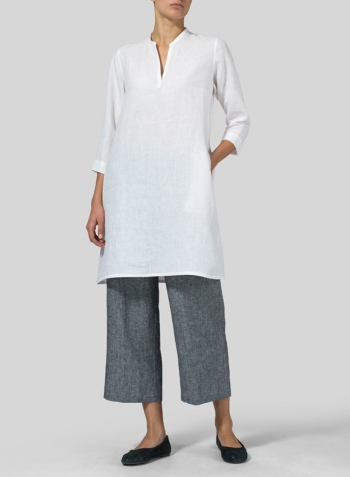 White Linen V-neck Mandarin Collar Tunic