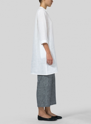 White Linen V-neck Mandarin Collar Tunic