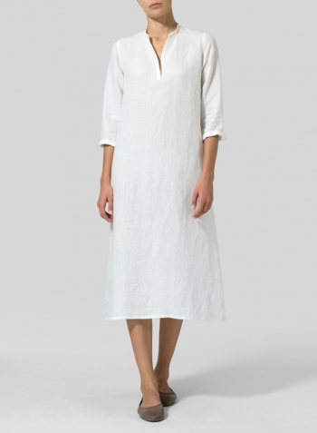 White Linen V-neck Mandarin Collar Dress Tunic