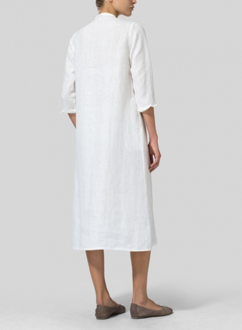 White Linen V-neck Mandarin Collar Dress Tunic