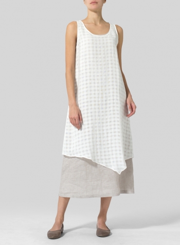 White Plaid Linen Double Layered Long Dress