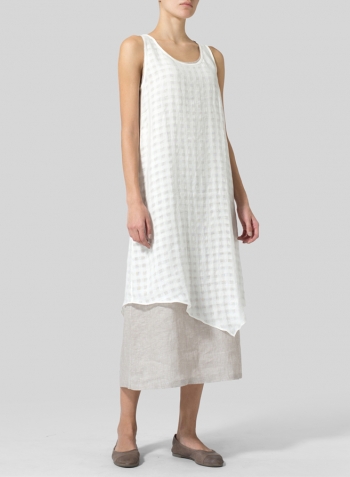 White Plaid Linen Double Layered Long Dress