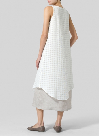 White Plaid Linen Double Layered Long Dress