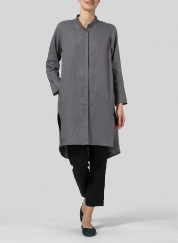 Gray Linen Shirt Dress with Mandarin Collar