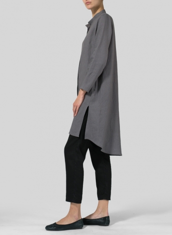 Gray Linen Shirt Dress with Mandarin Collar