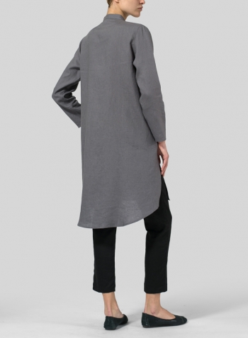 Gray Linen Shirt Dress with Mandarin Collar