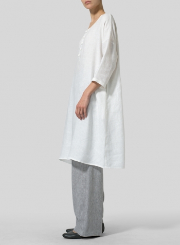 White Linen Handmade Knot Button Long Blouse