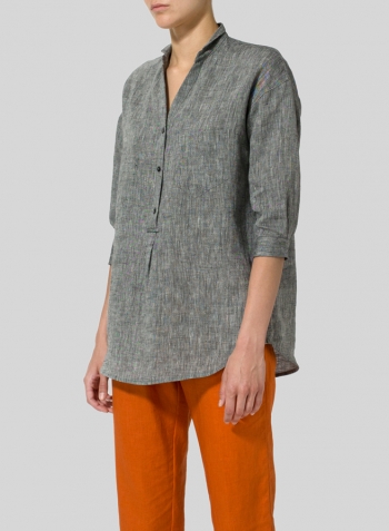 Two Tone Black Linen Blouse With V-neck Mandarin Collar Set