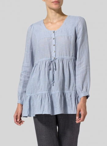 Light Pale Blue Linen Tiered Pullover Top