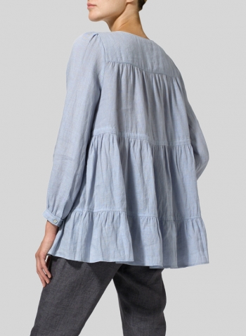 Light Pale Blue Linen Tiered Pullover Top
