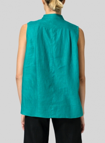 Green Jacquard Linen Mandarin Collar Vest