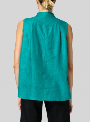 Green Jacquard Linen Mandarin Collar Vest