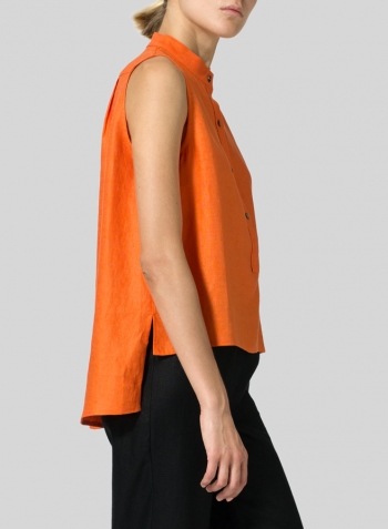 Orange Jacquard Linen Mandarin Collar Vest