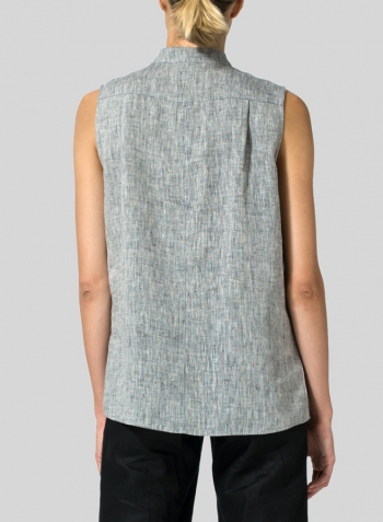 Two Tone Light Navy Gray Linen Mandarin Collar Vest