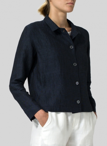 Denim Blue Linen Cropped Shirt Jacket with Pockets Set