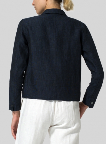 Denim Blue Linen Cropped Shirt Jacket with Pockets Set