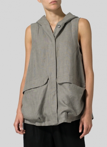 Warm Gray Linen Hooded Vest Set