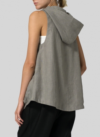 Warm Gray Linen Hooded Vest Set