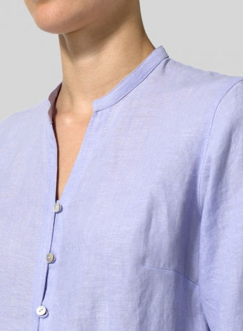Lavender Linen V-neck Stand Collar Long Blouse