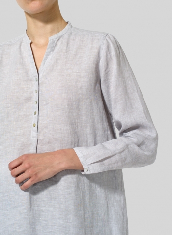 Gray Linen Long Blouse With V-neck Mandarin Collar