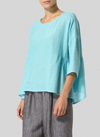 Turquoise  Linen Boxy Asymmetrical Hem Top
