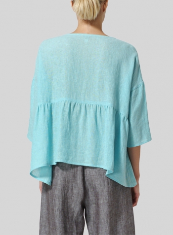 Turquoise  Linen Boxy Asymmetrical Hem Top