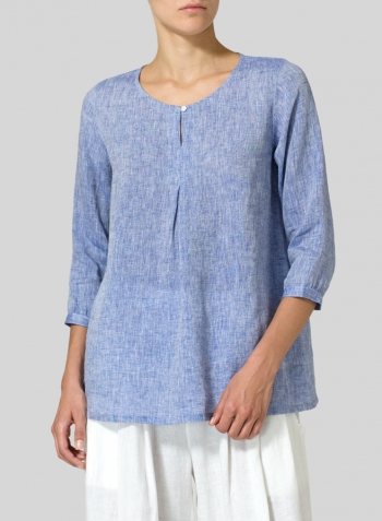 Blue Linen Half Sleeve Inverted Front Pleat Blouse Set