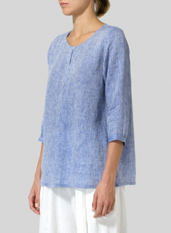 Blue Linen Half Sleeve Inverted Front Pleat Blouse Set