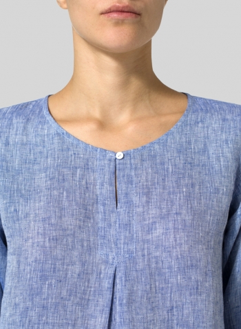 Blue Linen Half Sleeve Inverted Front Pleat Blouse Set