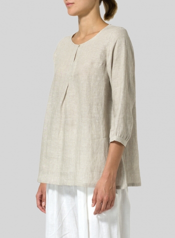 Oat Linen Half Sleeve Inverted Front Pleat Blouse Set