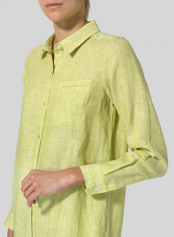 Lime Linen L/S Solid Basic Button Front Long Blouse