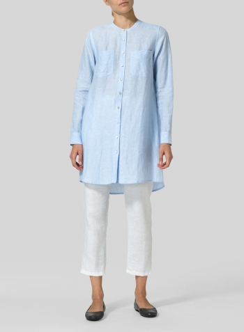 Powder Blue Linen Mandarin Collar Long Shirt