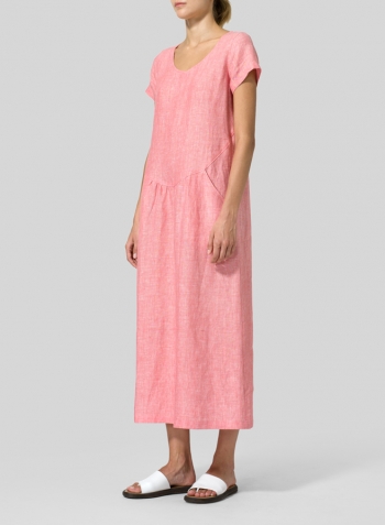 Sakura Pink Linen Short Sleeve Midi Dress
