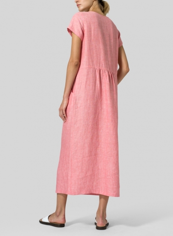 Sakura Pink Linen Short Sleeve Midi Dress