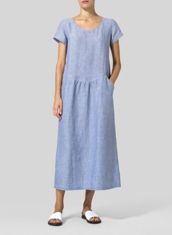 Pale Blue Linen Short Sleeve Midi Dress