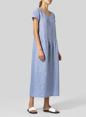 Pale Blue Linen Short Sleeve Midi Dress