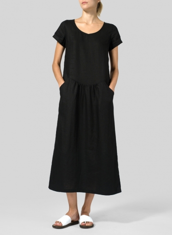 Black Linen Short Sleeve Midi Dress