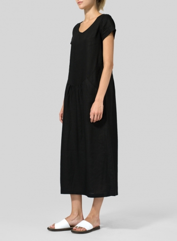 Black Linen Short Sleeve Midi Dress