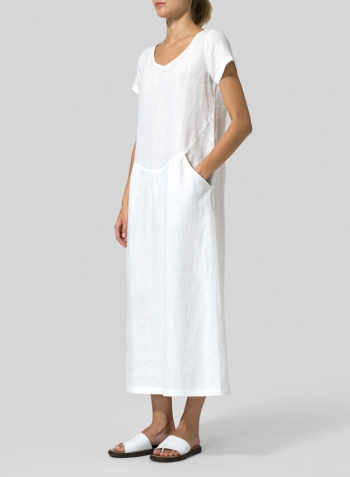 White Linen Short Sleeve Midi Dress