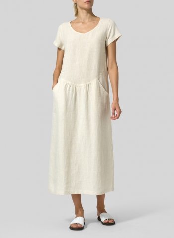 Sand Linen Short Sleeve Midi Dress