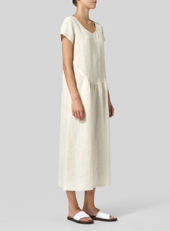 Sand Linen Short Sleeve Midi Dress