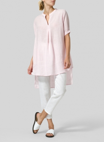 Pink Linen Mandarin Collar A Shape Blouse