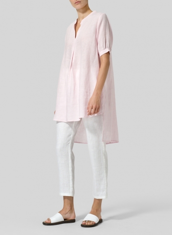 Pink Linen Mandarin Collar A Shape Blouse