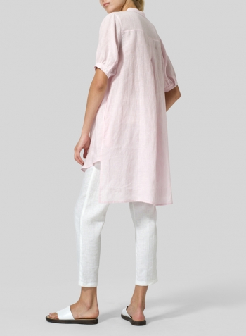 Pink Linen Mandarin Collar A Shape Blouse