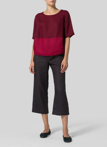 Burgundy Red Two Tone Linen Slip-on Half Sleeve Blouse
